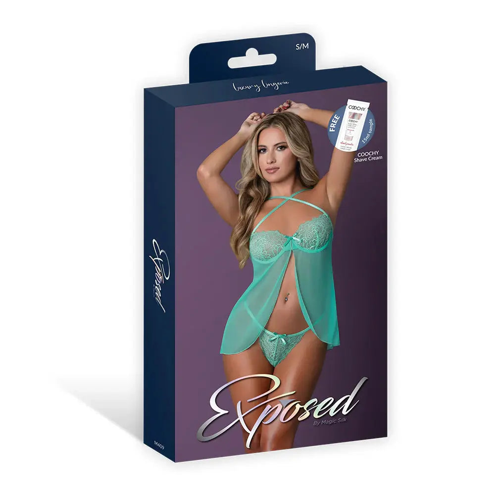 Caribbean Crush Flutter Babydoll and Thong Set Aqua Glow S/M Lingerie - Baby dolls Chemises etc