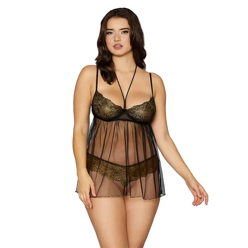 Dreamgirl Babydoll with G-String Black OS Lingerie - Baby dolls Chemises etc