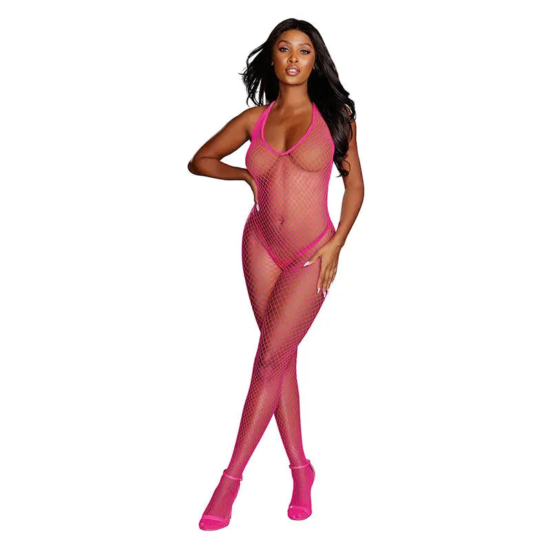 Dreamgirl Diamond-Net Halter Bodystocking With Open Crotch Neon Pink OS Lingerie - Body Stockings