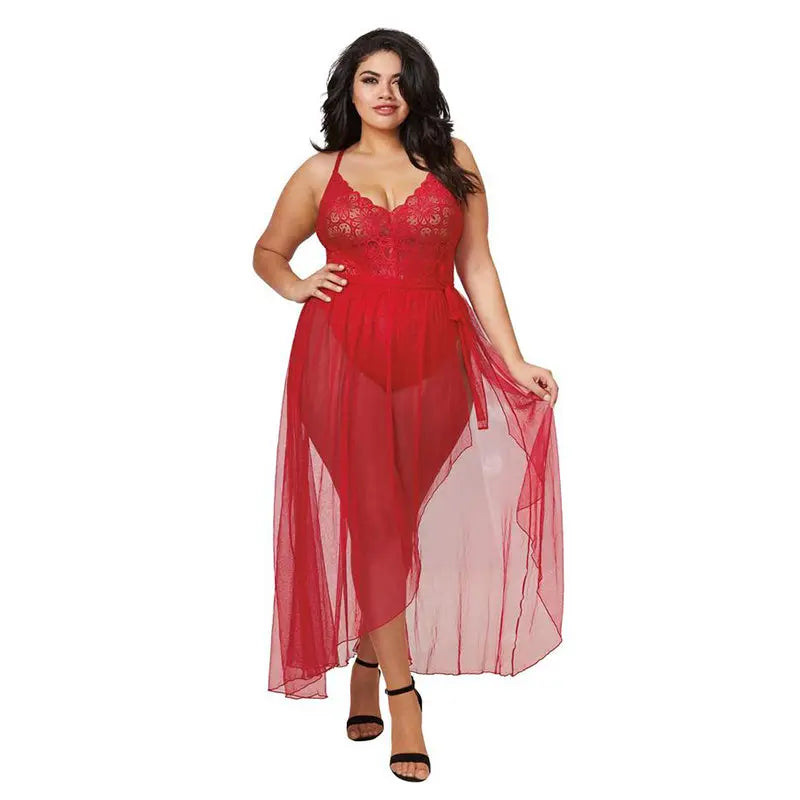 Dreamgirl Dreamgirl Teddy & Sheer Mesh Maxi Skirt With G-String Rouge Queen 3X Hanging Lingerie - Baby dolls Chemises etc
