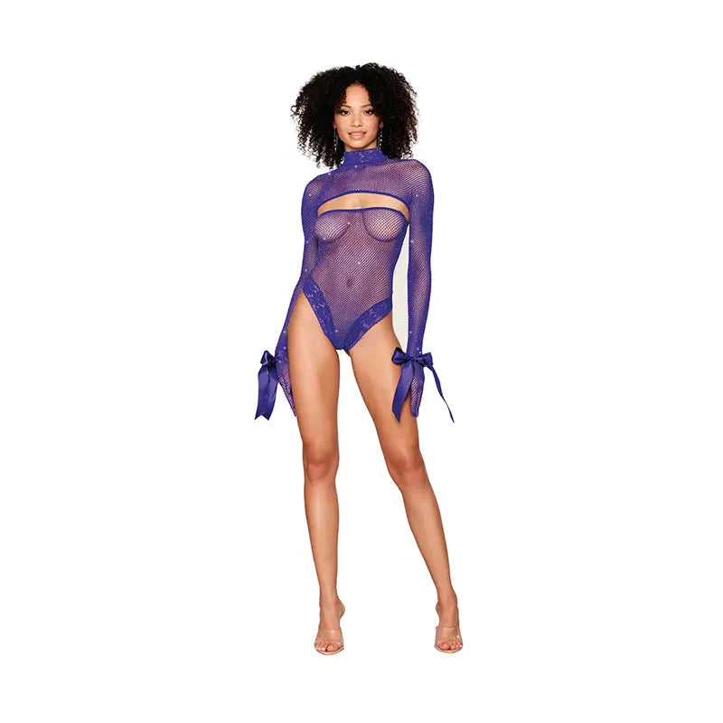Dreamgirl Metallic Fishnet Seamless Teddy and Matching Shrug Restraint Violet O/S Lingerie - Baby dolls Chemises etc