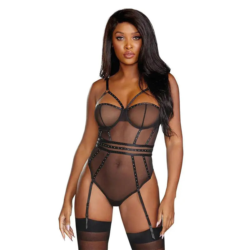 Dreamgirl Sheer Stretch Mesh Snap Crotch Teddy With Removable Garters Black Small Hanging Lingerie - Baby dolls Chemises etc