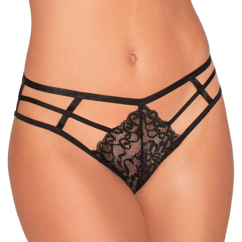 Dreamgirl Strappy Cheeky Panty with Center Front Lace Detail Black XL Hanging Lingerie - Bra and Panty sets