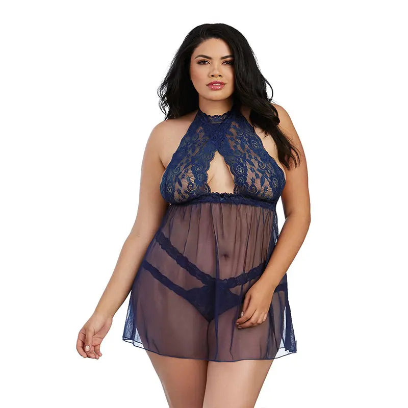 Dreamgirl Stretch Lace & Mesh Babydoll with High-Neck Halter Styling Midnight Queen Lingerie - Baby dolls Chemises etc