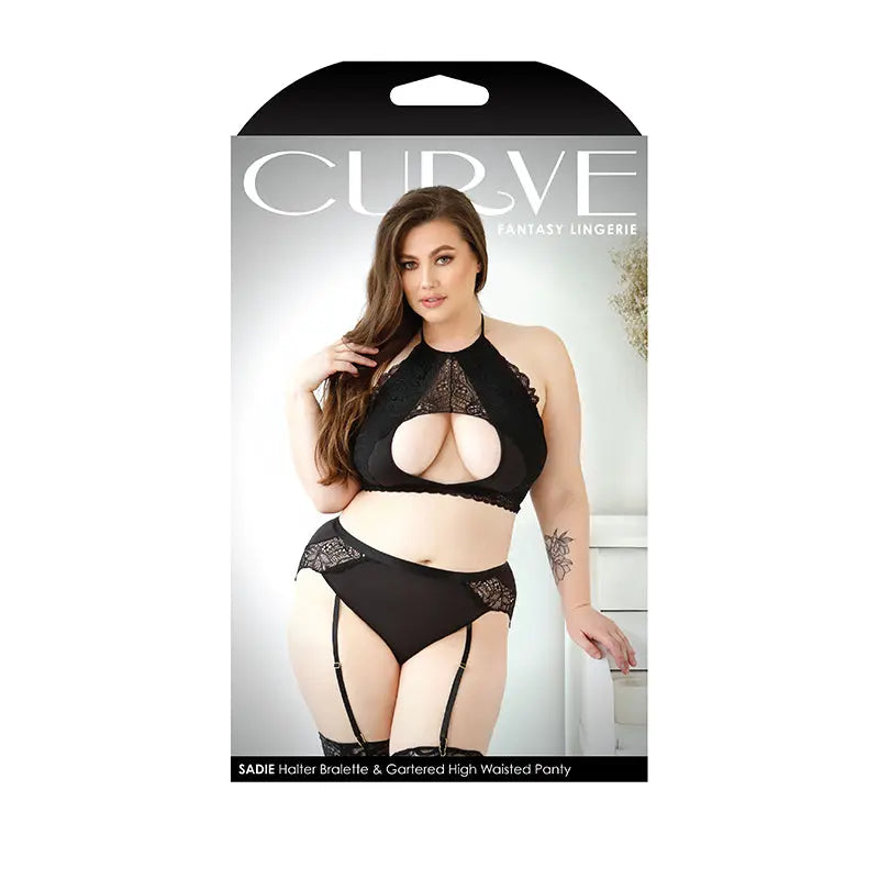 Fantasy Lingerie Curve Sadie Halter Bralette, Gartered High-Waisted Panty Black XL/2XL Lingerie - Bra and Panty sets
