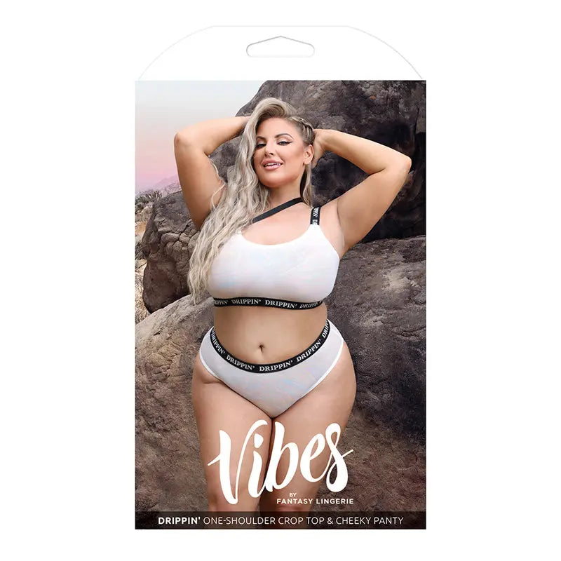 Fantasy Lingerie Vibes Drippin' Iridescent Strappy One-Shoulder Top & Panty Pearl White Queen Lingerie - Bra and Panty sets