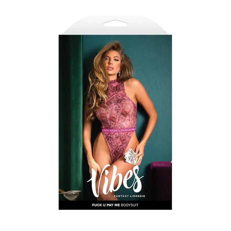 Fantasy Lingerie Vibes Fuck U Pay Me Money-Print Sparkle Mesh Bodysuit M/L Lingerie - Baby dolls Chemises etc