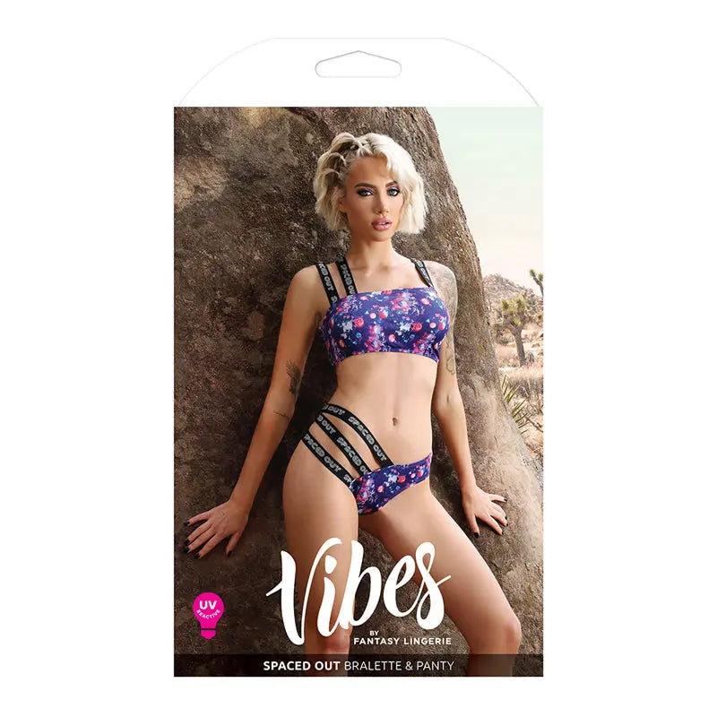 Fantasy Lingerie Vibes Spaced Out Asymmetrical Bralette & Multi-Strap Panty Indigo L/XL Lingerie - Bra and Panty sets