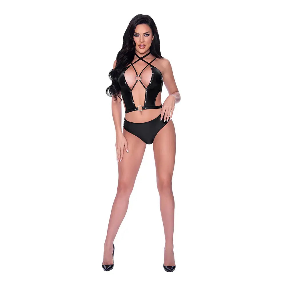 Faux Leather Lingerie Delia Strappy Bustier & Tanga Panty Black S/M Lingerie - Corsets
