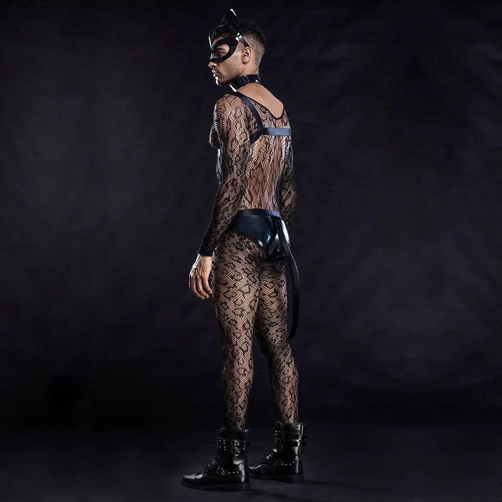 Feline Fantasy Fishnet Lingerie Costume: Men's Sexy Cat Fetish Clothing and Lingerie