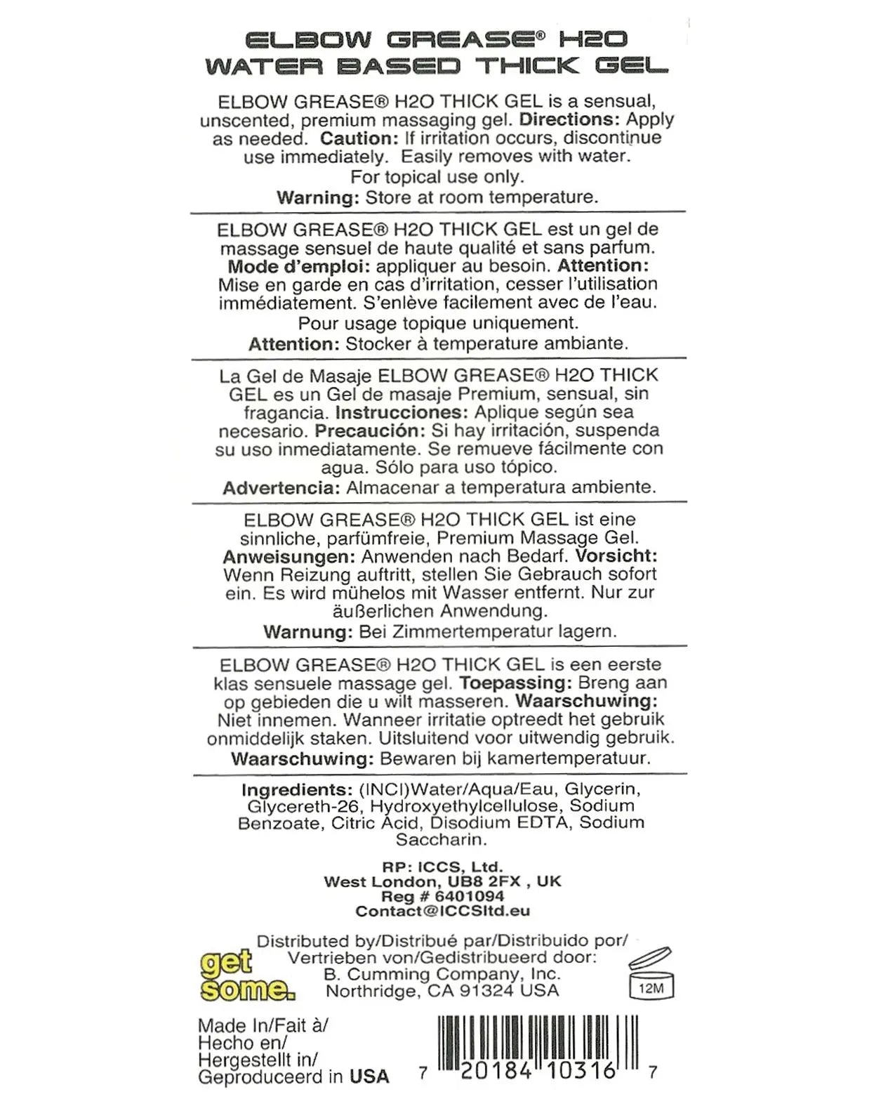 H20 Classic Thick Gel Water-Base Elbow Grease Gel Classic Formula Water-Based Lube