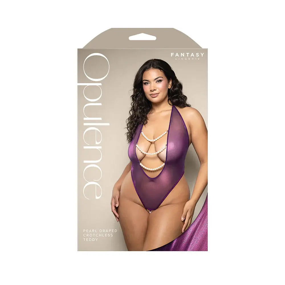 Iridescent Plus Boudoir Lingerie Plunging Pearl Halter Teddy with Open Pearl Crotch Lingerie - Baby dolls Chemises etc