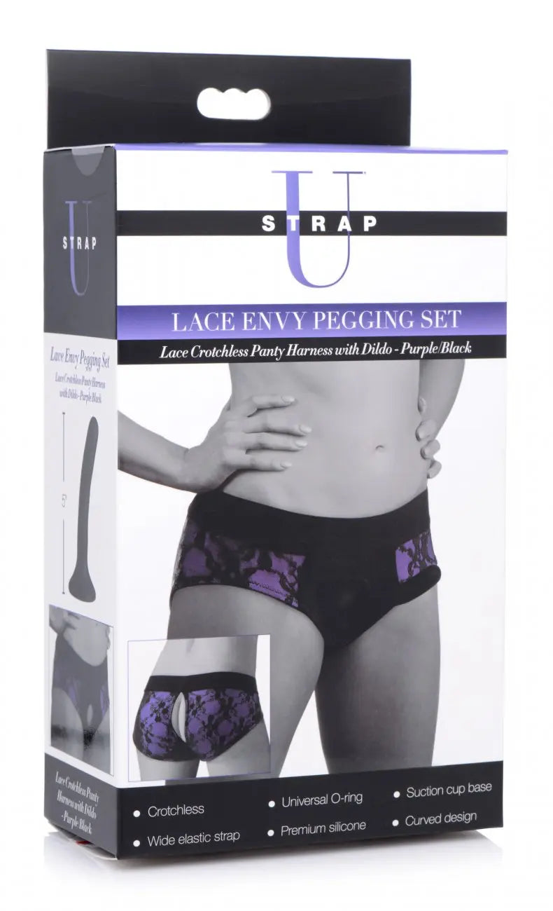 Lace Envy Pegging Set with Lace Crotchless Panty Harness and Dildo - L-XL Strap-Ons and Harnesses