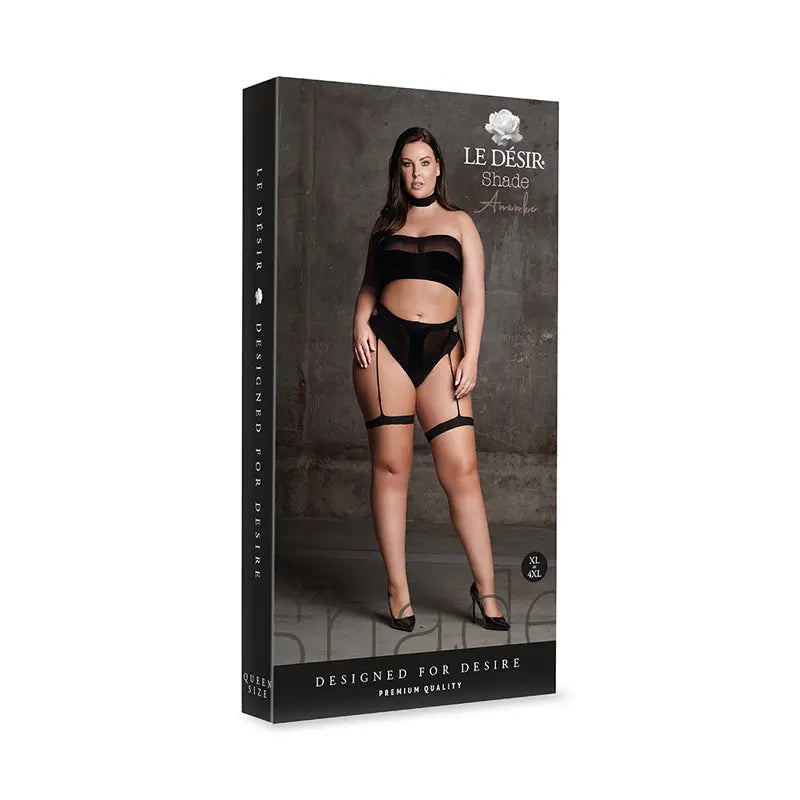 Le Desir Shade Ananke XII Choker, Bandeau Top & Panty with Garters Black Queen Lingerie - Bra and Panty sets