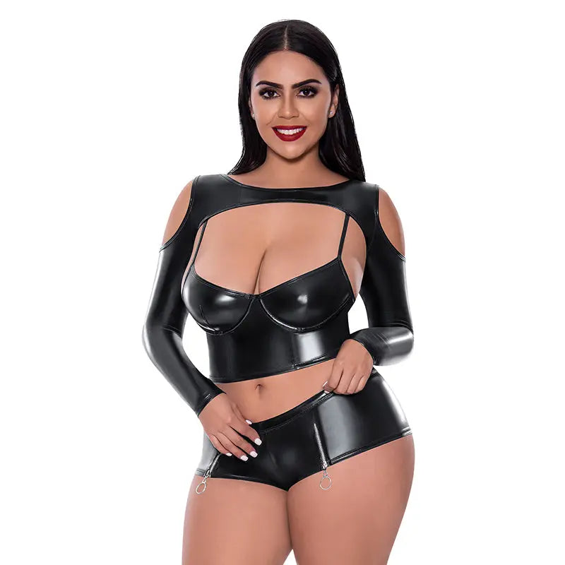 Magic Silk Liquid Onyx Camisole, Longsleeve Shrug & Short Set Black Queen Lingerie - Club Wear