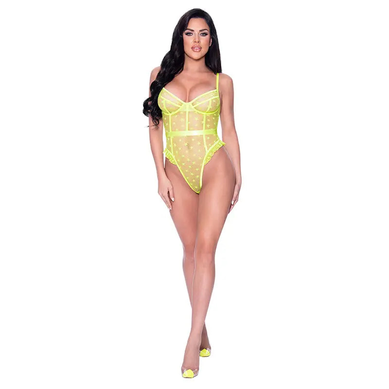 Magic Silk Love Star High Leg Teddy with Snap Crotch Neon Chartreuse L/XL Lingerie - Baby dolls Chemises etc