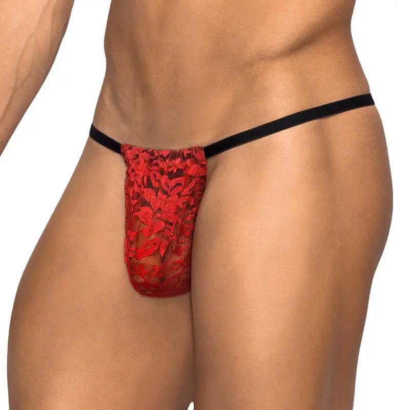 Male Power Stretch Lace Posing Strap Red One Size Men - Underwear