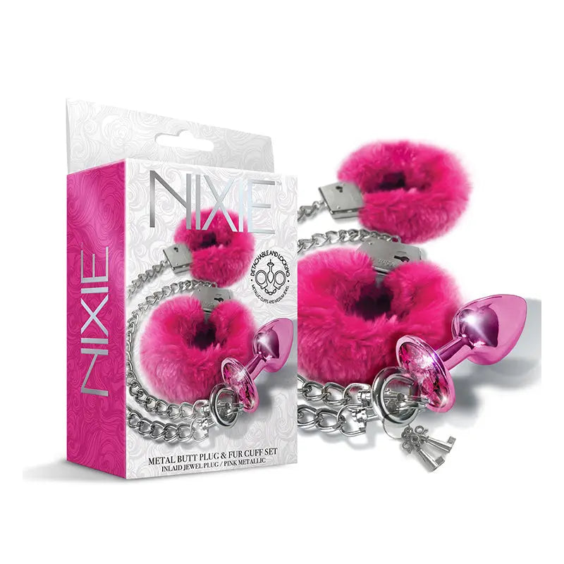 Nixie Metal Butt Plug & Furry Handcuff Set Medium Pink Metallic Anal - Kits