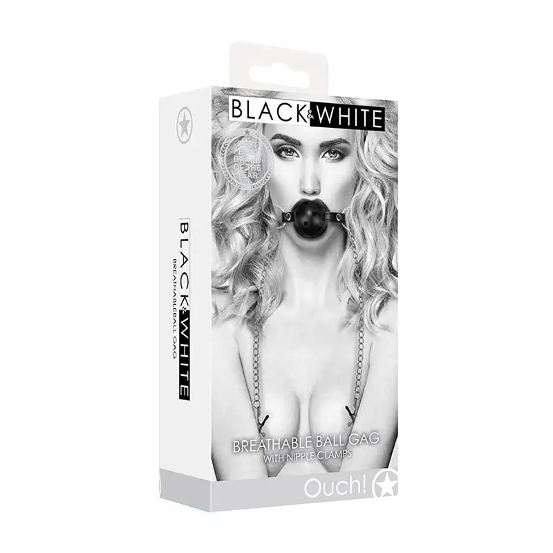 Ouch! Black & White Breathable Ball Gag With Nipple Clamps Black Fetish - Gags