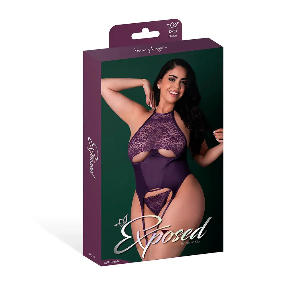 Plus Lingerie Lace Cup Basque and Split Crotch Panty Set Purple Queen Size Lingerie - Corsets