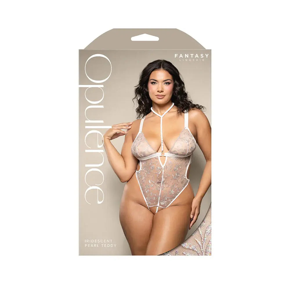 Plus Lingerie Metallic Embroidered Teddy with Pearl Harness and Open Pearl Crotch Queen Size Lingerie - Baby dolls Chemises etc