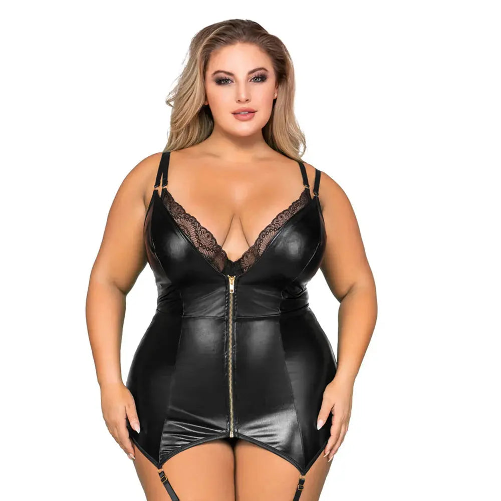Plus Size Lingerie Double-Layer-Front Teddy and Slip with Attached Garters Lingerie - Body Stockings