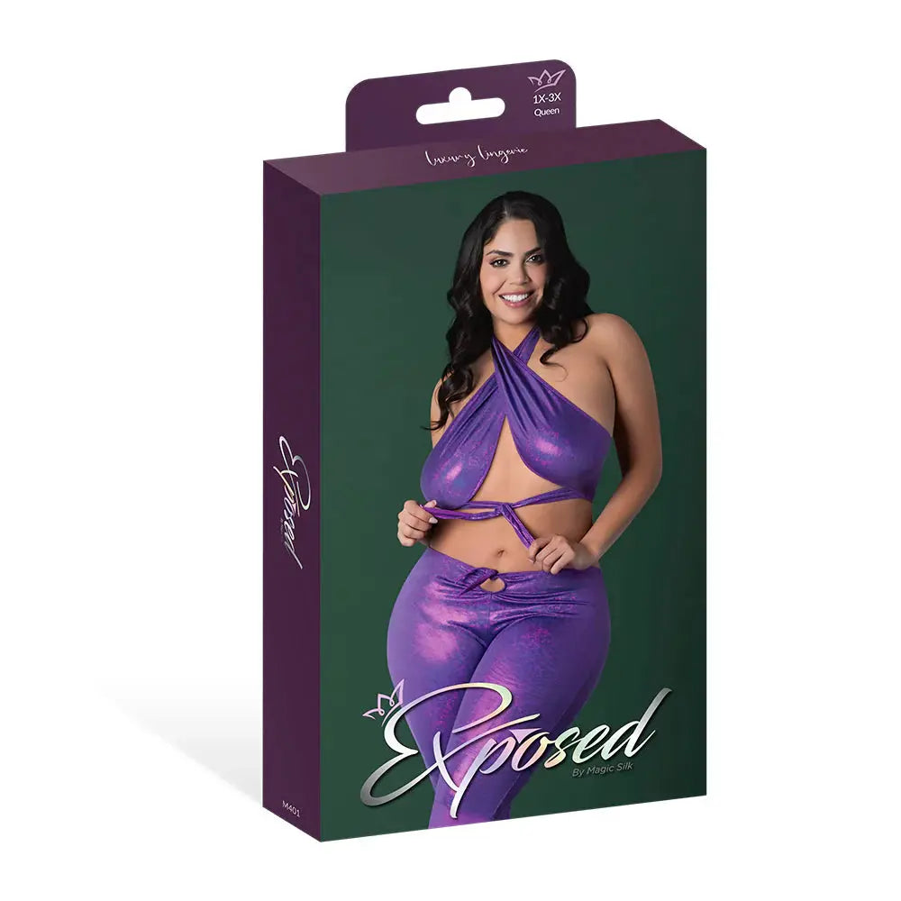 Plus Size Sexy Hippy Costume Halter and Flair Pant Set Purple Disco Queen Size Lingerie - Club Wear