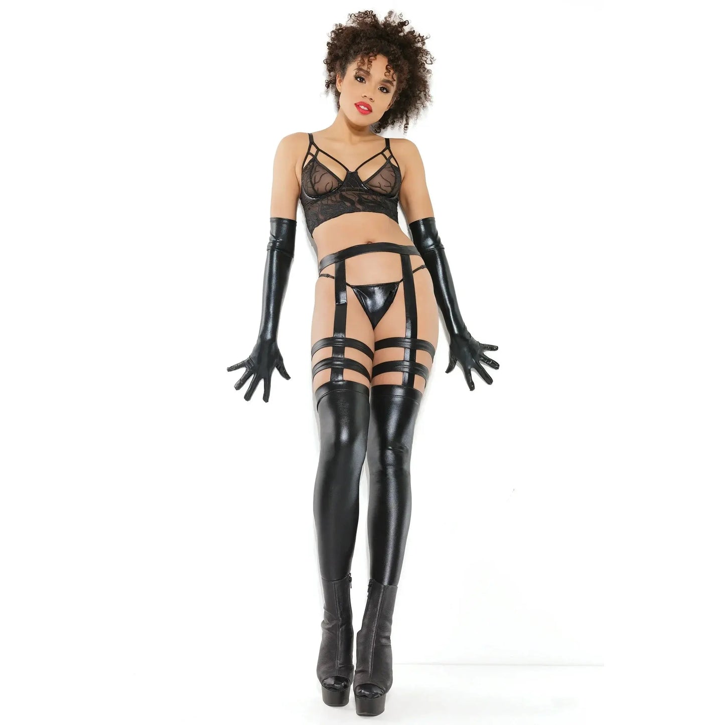 Plus Size Thigh-High Wetlook Bondage Stockings with Garters Black BDSM Lingerie Lingerie - Stockings & Leggings