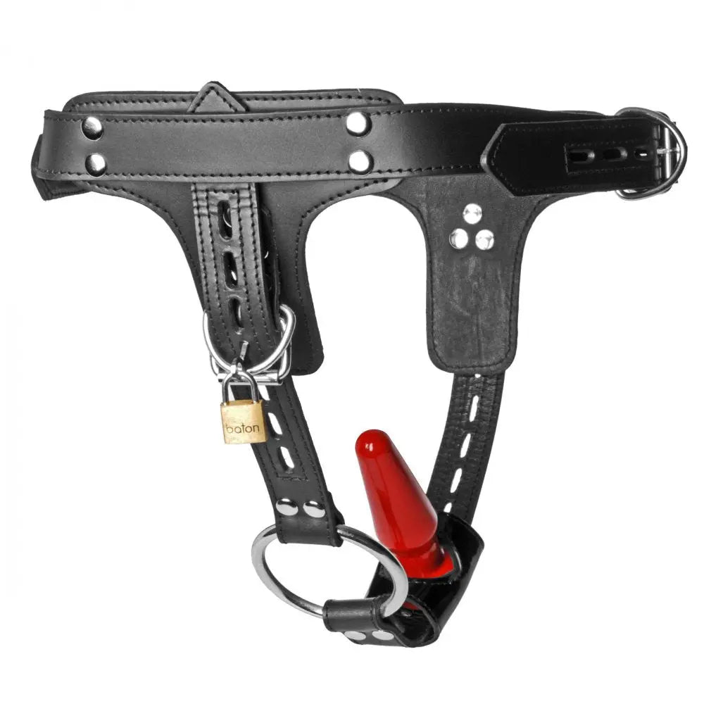 Premium Locking Leather Cock Ring and Anal Plug Bondage Harness Strap-Ons and Harnesses