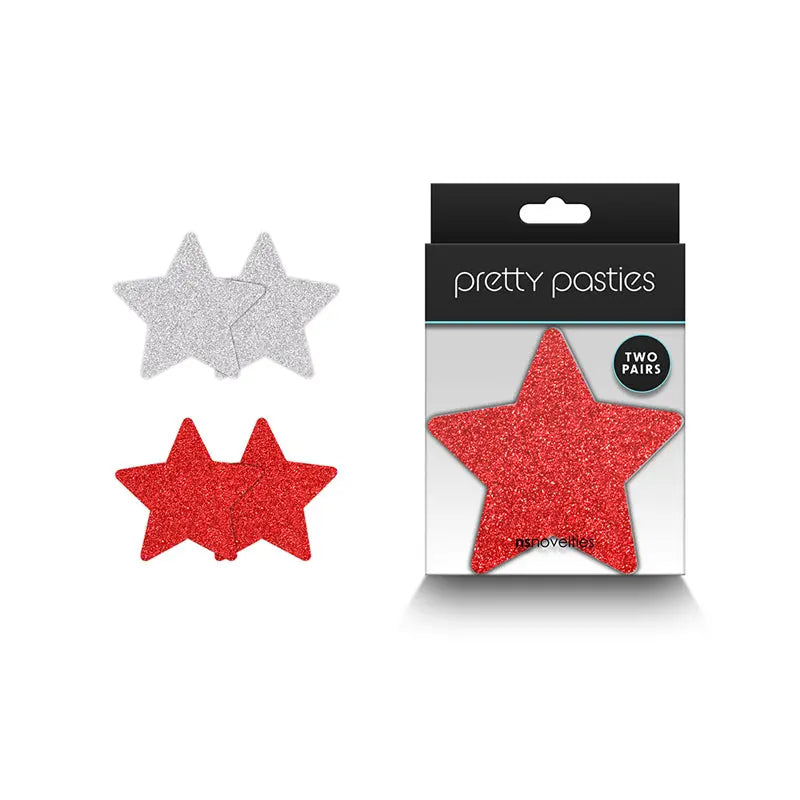 Pretty Pasties Glitter Stars Red/Silver 2 Pair Lingerie - Pasties and Tassels