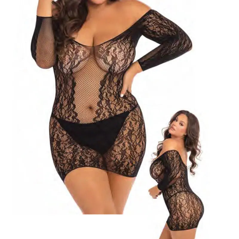 Rene Rofe Demure Long Sleeve Mini Dress Black 3XL/4XL Lingerie - Dresses