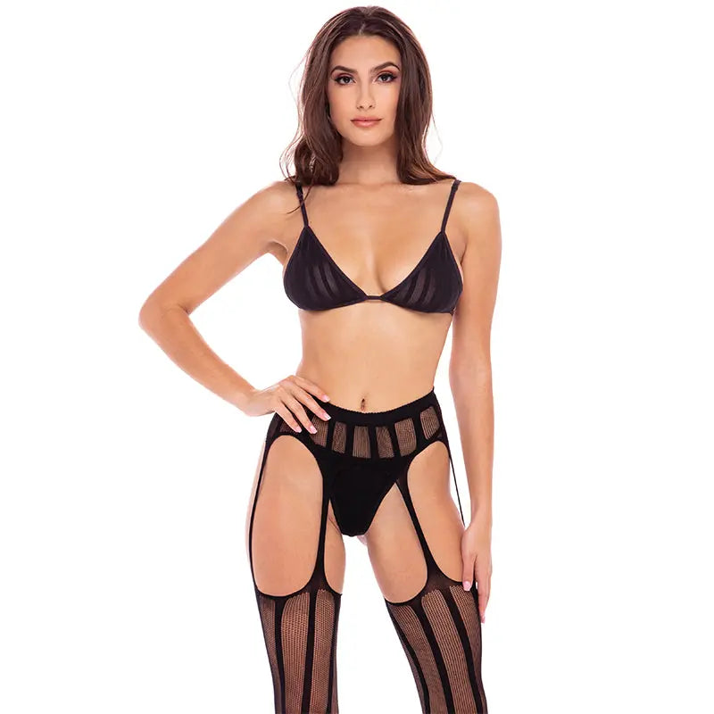 Rene Rofe Straight Up 3-Piece Sheer Striped Bra, Thong, and Garter Set Black M/L Lingerie - Bra and Panty sets