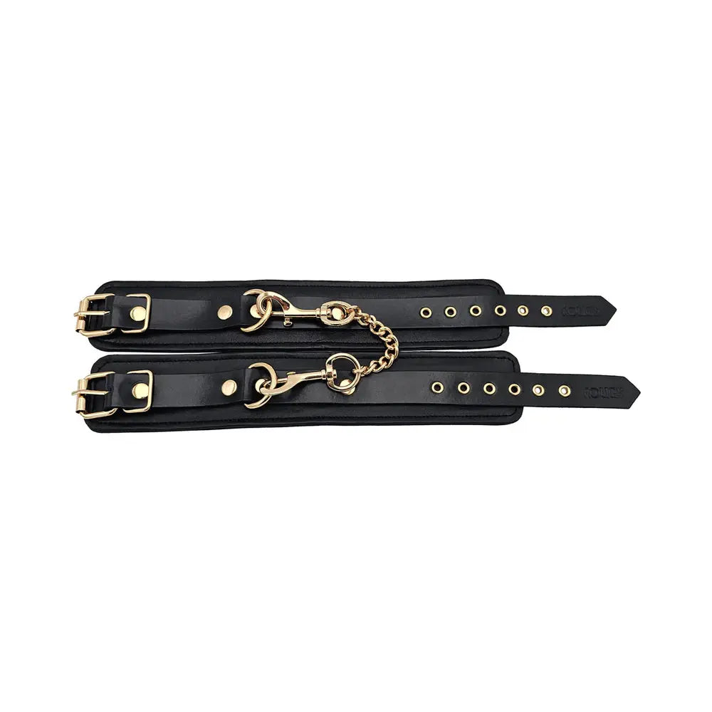 Rouge Leather Plain Ankle Cuffs Black with Gold Accessories Restraints and Cuffs