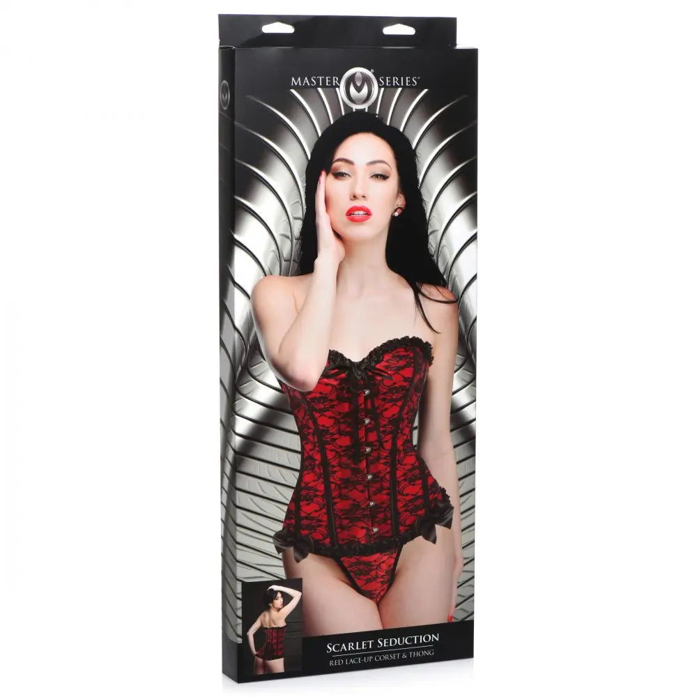 Scarlet Seduction Lace-up Corset and Thong - Large Sexy Red Lace Corset Lingerie Fetish Clothing and Lingerie