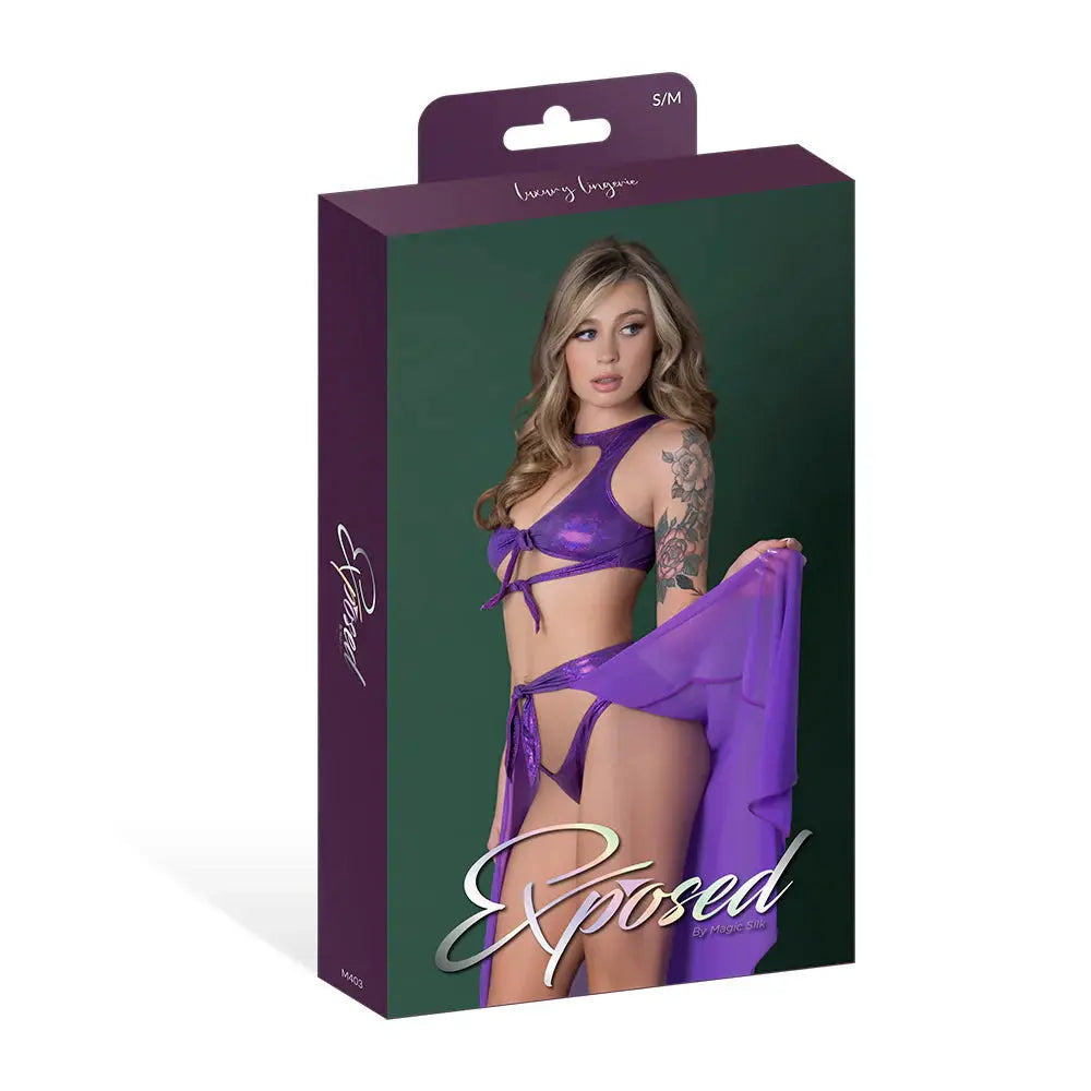 Sexy Keyhold Crop Top, Flowy Skirt and Tanga Set Purple Disco L/XL Lingerie - Club Wear