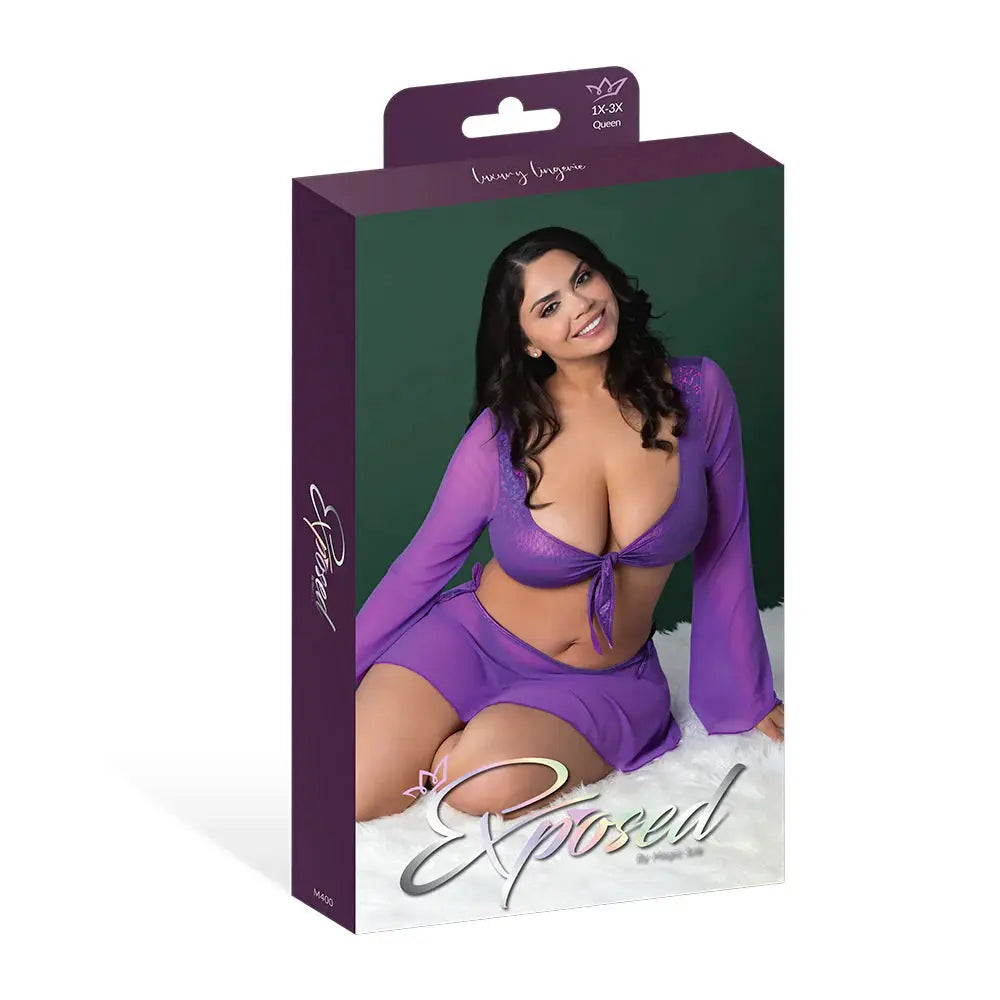Sexy Plus Outfit Crop Top, Mini Skirt & Tie Side Thong Purple Disco Queen Size Lingerie - Club Wear