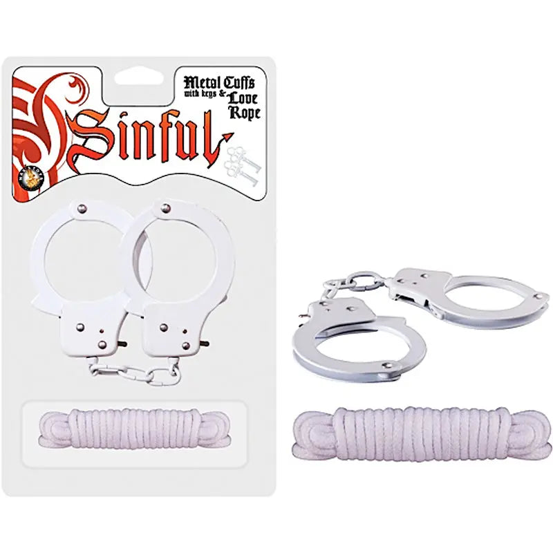 Sinful Metal Cuffs With Keys & 118in. Love Rope (White) Fetish - Cuffs & Restraints