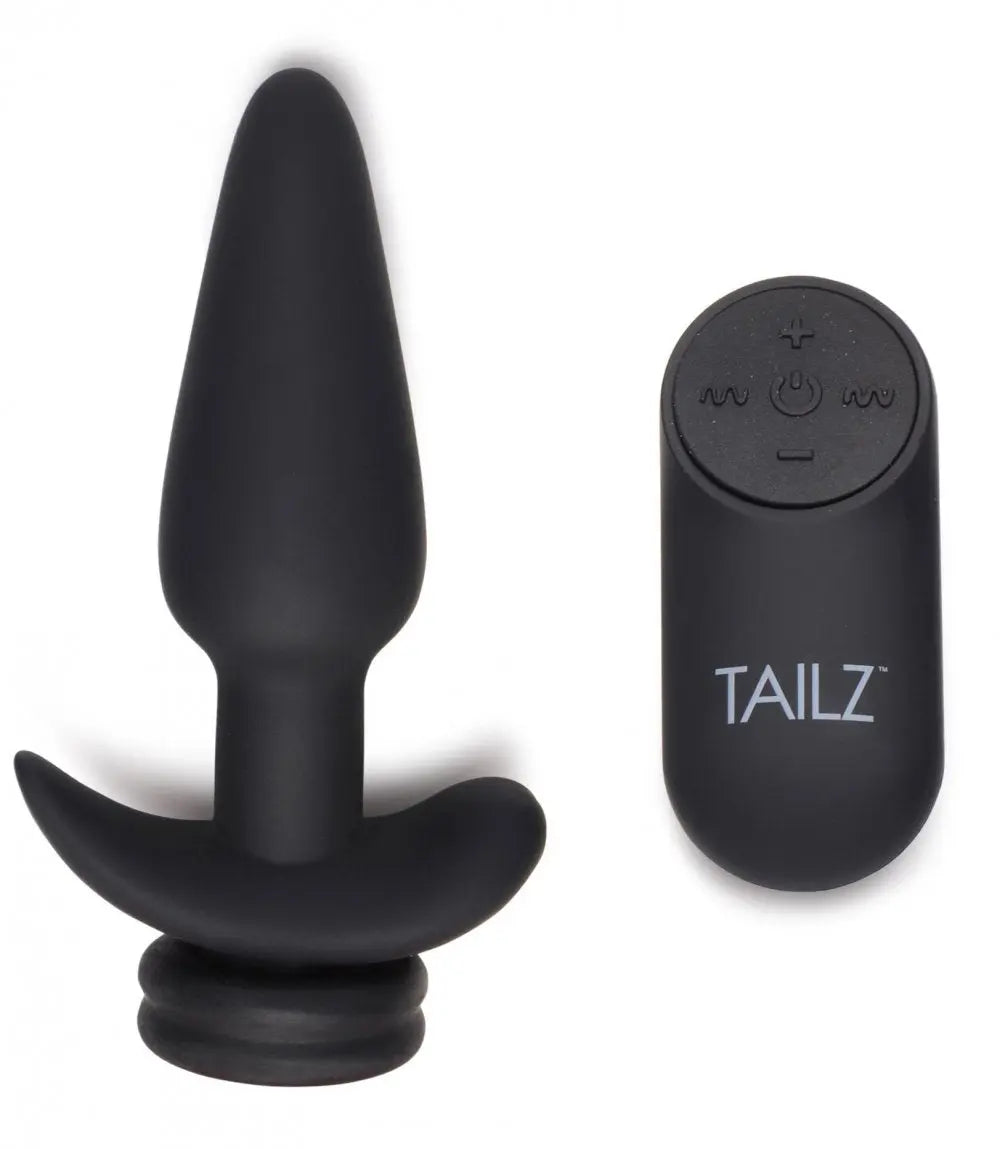 Small Vibrating Anal Plug with Interchangeable Bunny Tail - Black BDSM Pet Play Anal Plug
