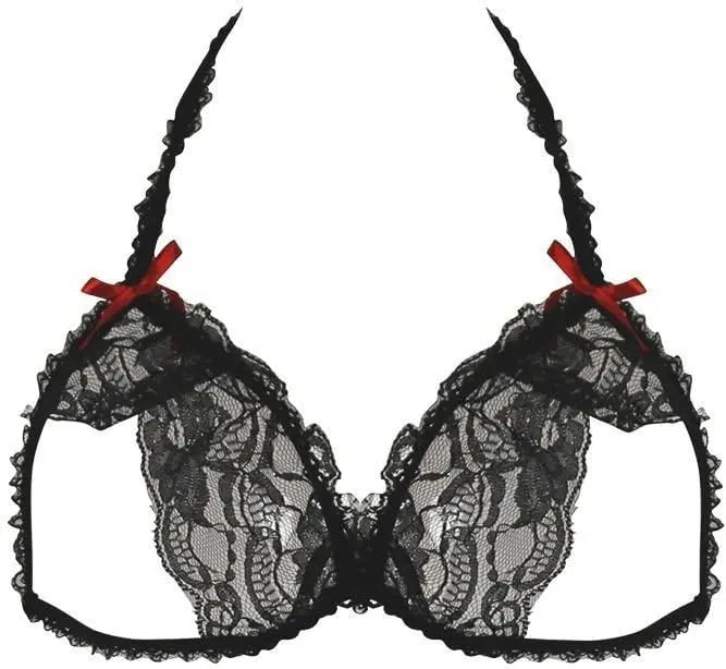 Valentines Day Lingerie Rene Rofe 2-piece Lace Peek-A-Boo Bra & Crotchless Panty Set Black S/M Lingerie - Bra and Panty sets