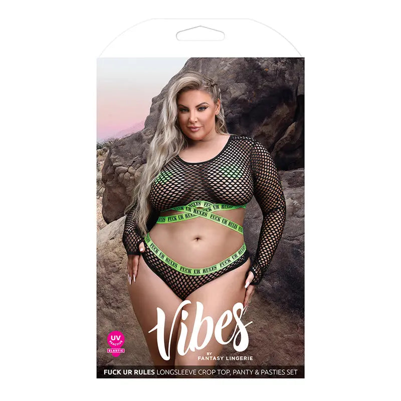 Vibes Fuck Ur Rules UV Reactive Longsleeve Fishnet Top, Panty, Pasties Black Queen Lingerie - Bra and Panty sets