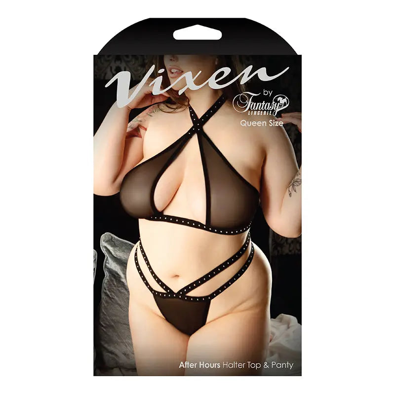 Vixen After Hours Studded Halter Top & Panty Black Queen Lingerie - Bra and Panty sets