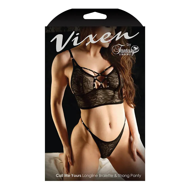 Vixen Call Me Yours Longline Bralette With Grommets & Thong Panty Black L/XL Lingerie - Bra and Panty sets