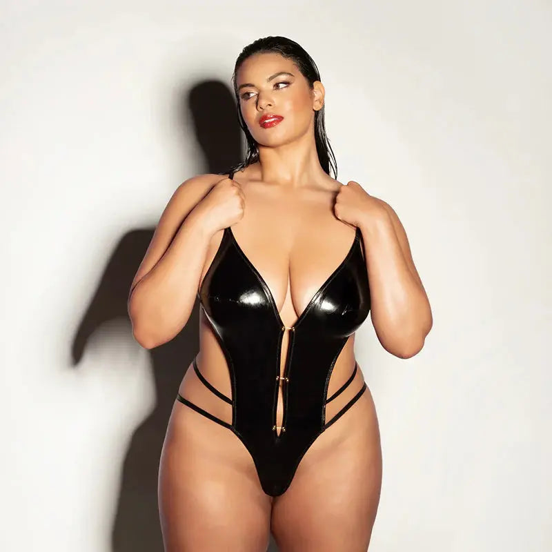 Wet Look Soft Cup Open Gusset Vinyl Teddy with Barbell Trim Queen Size Lingerie - Baby dolls Chemises etc