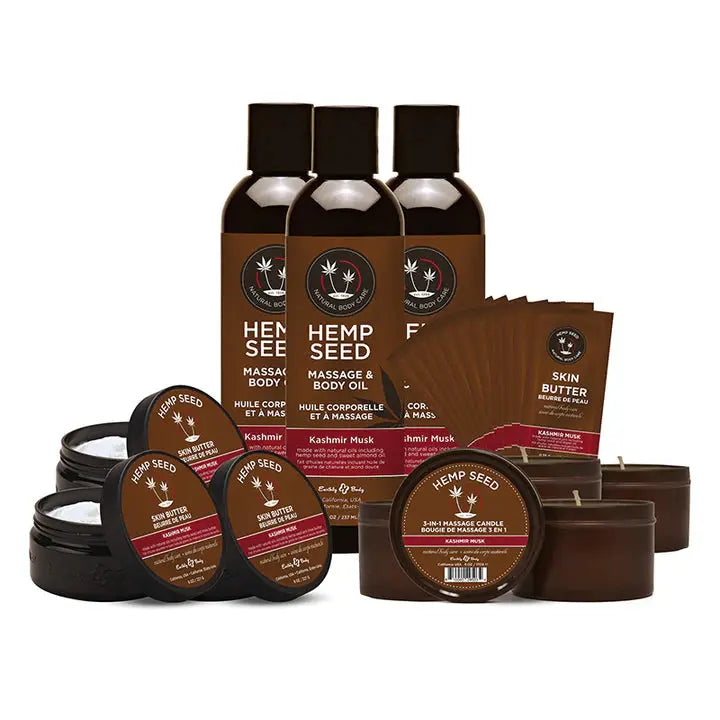 Hemp Seed New Fragrance Prepack in Kashmir Musk Includes 3 of each Skin Butter 8oz, Massage Oil 8oz, Massage Candle Lubes