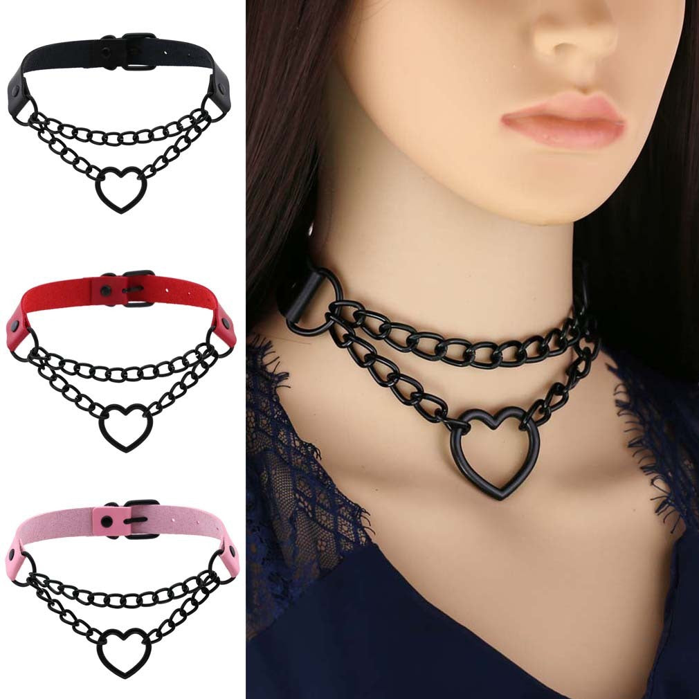 Women's Black Heart Chain Necklace Day Collar 