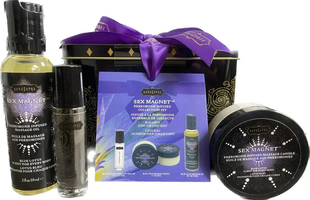 Sex Magnet Pheromone BLUE LOTUS Gift Set Includes   Roll On Fragrance, Massage Oil,  Massage Candle  Gift Sets