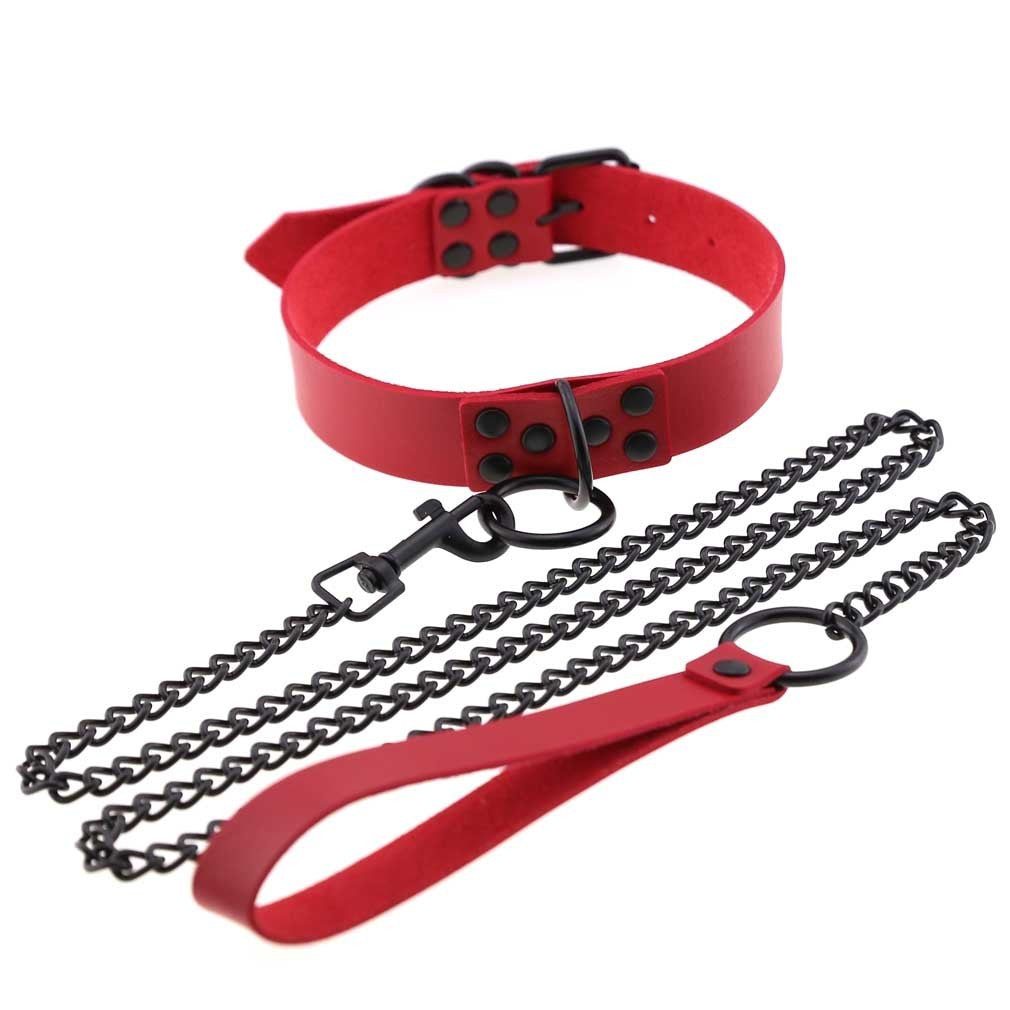 Leather BDSM Collar with O-Ring and Leash 