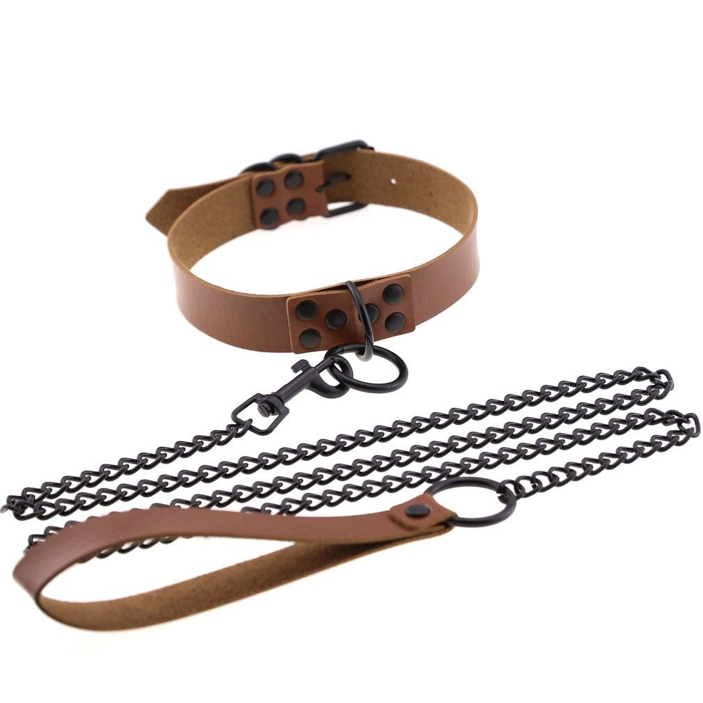 Leather BDSM Collar with O-Ring and Leash 