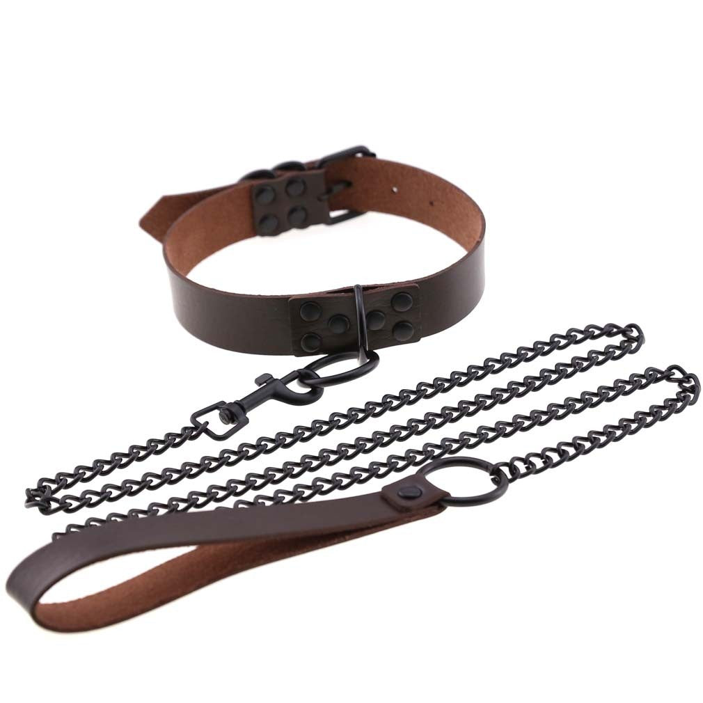 Leather BDSM Collar with O-Ring and Leash 