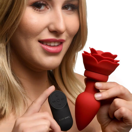28X Silicone Vibrating Rose Anal Plug with Remote - Large  Anal Plug Sex Toy